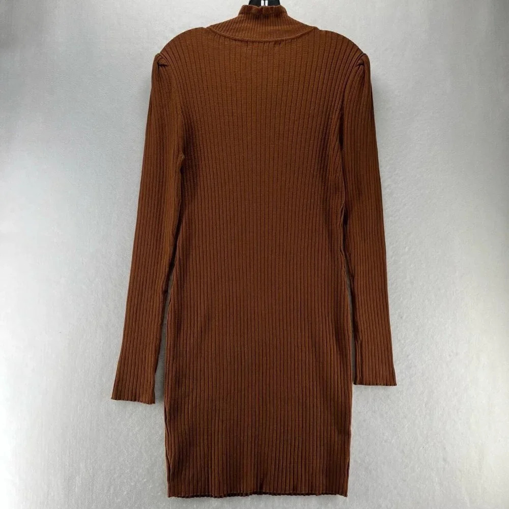 Hooked Up Sweater Dress Sz XL Ribbed Bodycon Mini Mock Neck Long Sleeve Brown - Picture 4 of 11